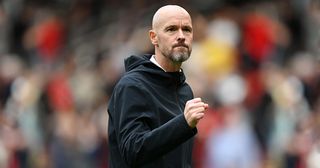 Manchester United manager Erik ten Hag celebrates victory at full-time following the Premier League match between Manchester United and Nottingham Forest at Old Trafford on August 26, 2023 in Manchester, England.