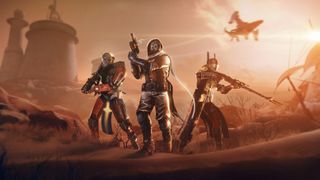 Destiny 2 screenshot showing three Guardians standing in a desert with guns raised