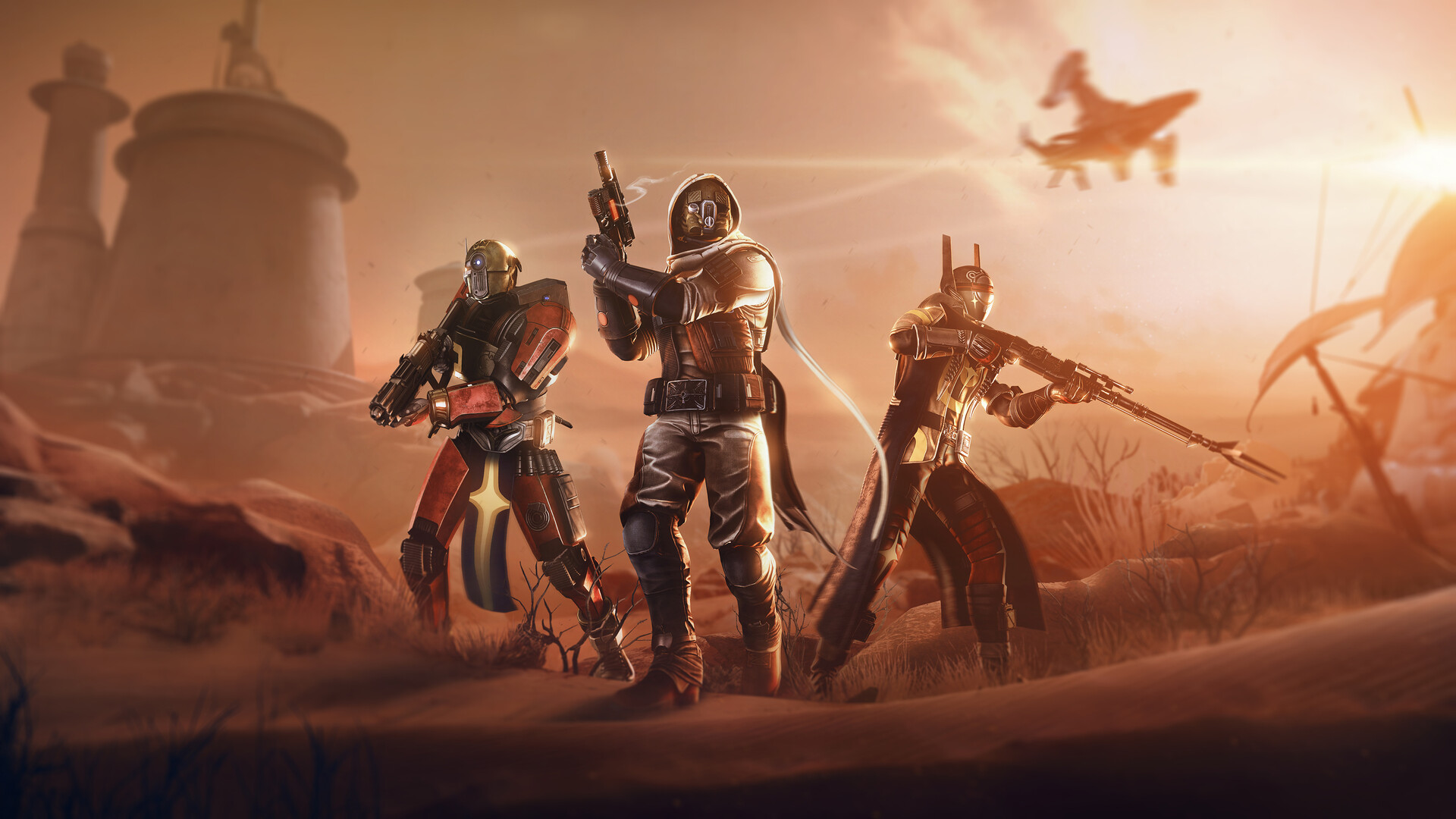 Destiny 2 screenshot showing three Guardians standing in a desert with guns raised