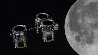 a cylindrical satellite trio floats in space near the moon