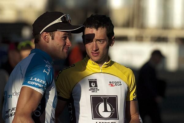Winning combination: Multiple stage winner Steele Von Hoff (left) and Tour leader Nathan Haas of the Genesys Wealth Advisers team after stage six into Maffra.
