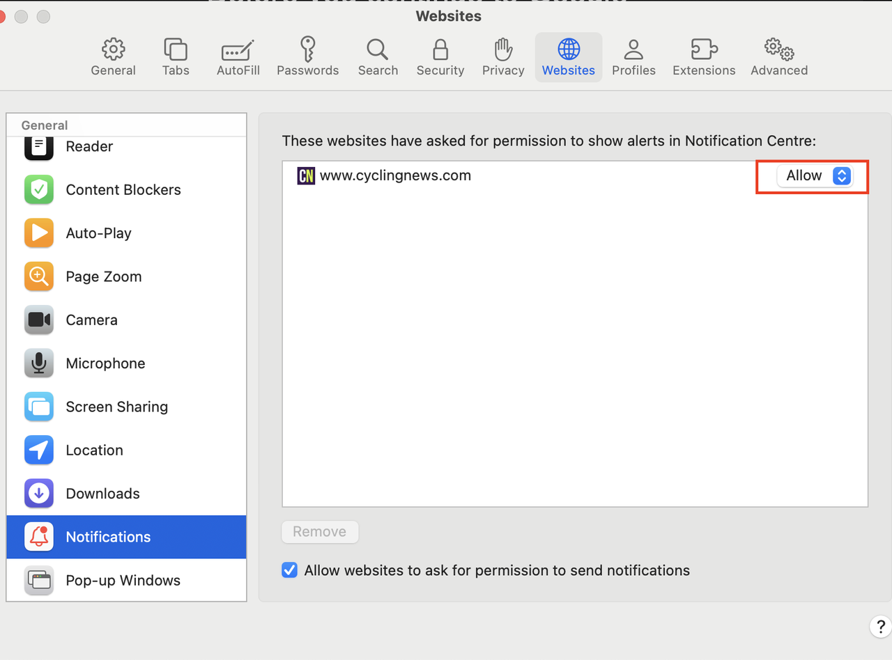 Toggle to Allow Cyclingnews notifications