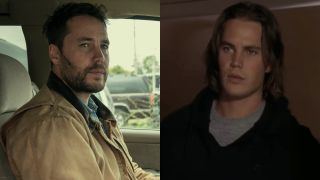 From left to right: a press image from Netflix of Taylor Kitsch sitting in a truck in Painkiller and a screenshot of Taylor Kitsch as Tim Riggins in Friday Night Lights. 