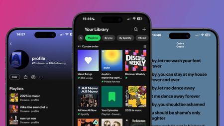 Three smartphones showing a Spotify profile page, a Spotify Library page, and lyrics of a song 