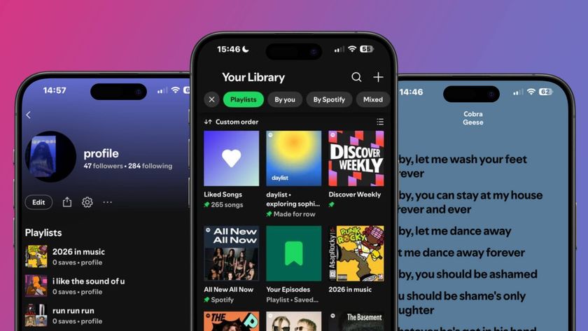 Three smartphones showing a Spotify profile page, a Spotify Library page, and lyrics of a song 