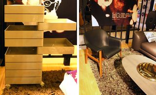 Left picture is a wooden container with various trays and the right picture is of black armchair