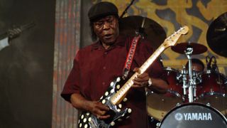 Buddy Guy performs live on stage playing a polka-dot Fender Stratocaster Signature guitar at the New Orleans Jazz and Heritage Festival in New Orleans, United States on 4th May 2003.