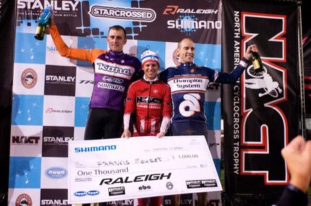 The Elite Men's podium with Francis Mourey taking the top spot flanked by Ryan Trebon in second and Christian Heule, last