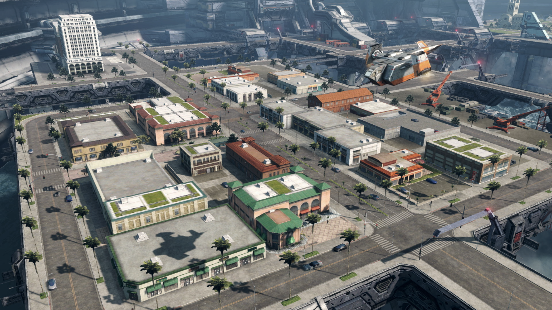 An overhead shot of New LA's commercial district in Xenoblade Chronicles X: Definitive Edition