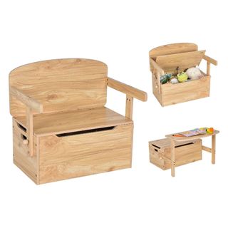 COSTWAY Wooden Toy Box, 3-in-1 Convertible Kids Bench, Desk Chair Set, Storage Chest