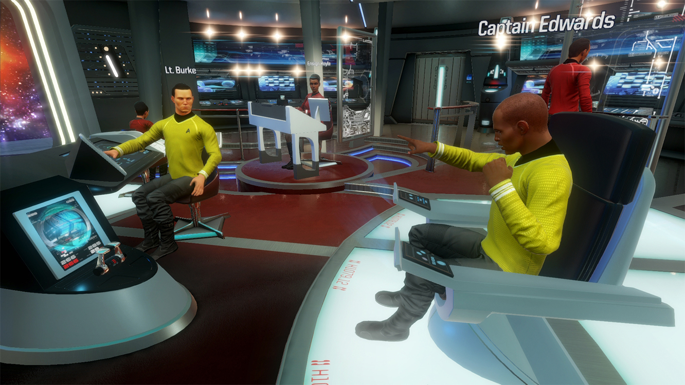 En skärmdump från Star Trek: Bridge Crew som visar några spelare som sitter runt bordet med alla kontroller.