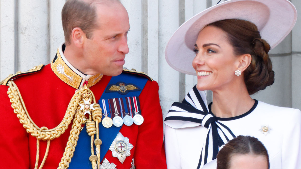 Prince William, Prince of Wales (Colonel of the Welsh Guards) and Catherine, Princess of Wales watch an RAF flypast from the balcony of Buckingham Palace after attending Trooping the Colour on June 15, 2024 in London, England. 