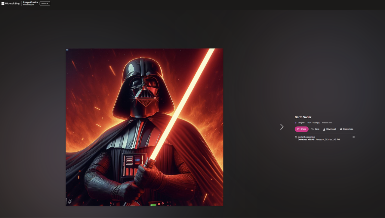 Darth Vader generated by Bing