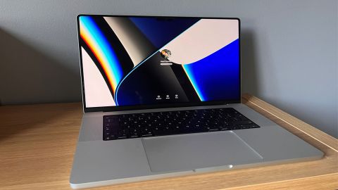 Image shows the MacBook Pro M1 Pro 2021 open and turned on.