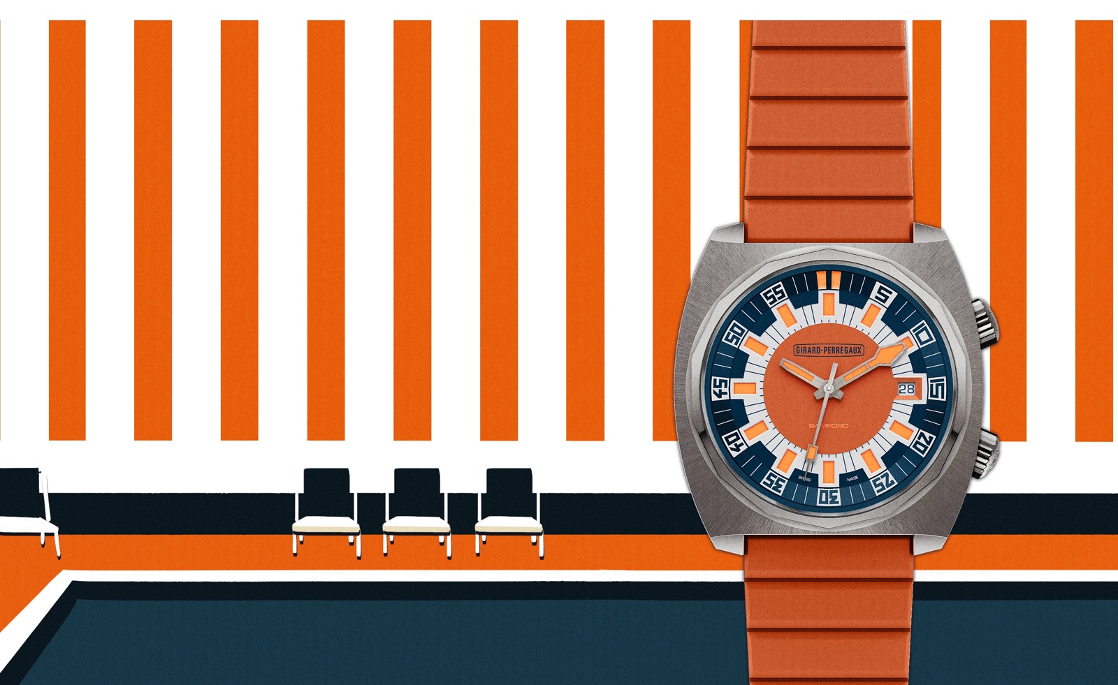 Orange and navy watch on a retro background