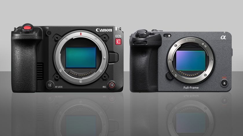 Canon EOS C50 next to a Sony against a grey background