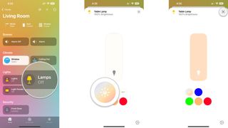 How to use Adaptive Lighting with your HomeKit-enabled lights in the Home app on the iPhone by showing steps: Tap your Light, Tap the Adaptive Lighting icon, Tap the X button to save.