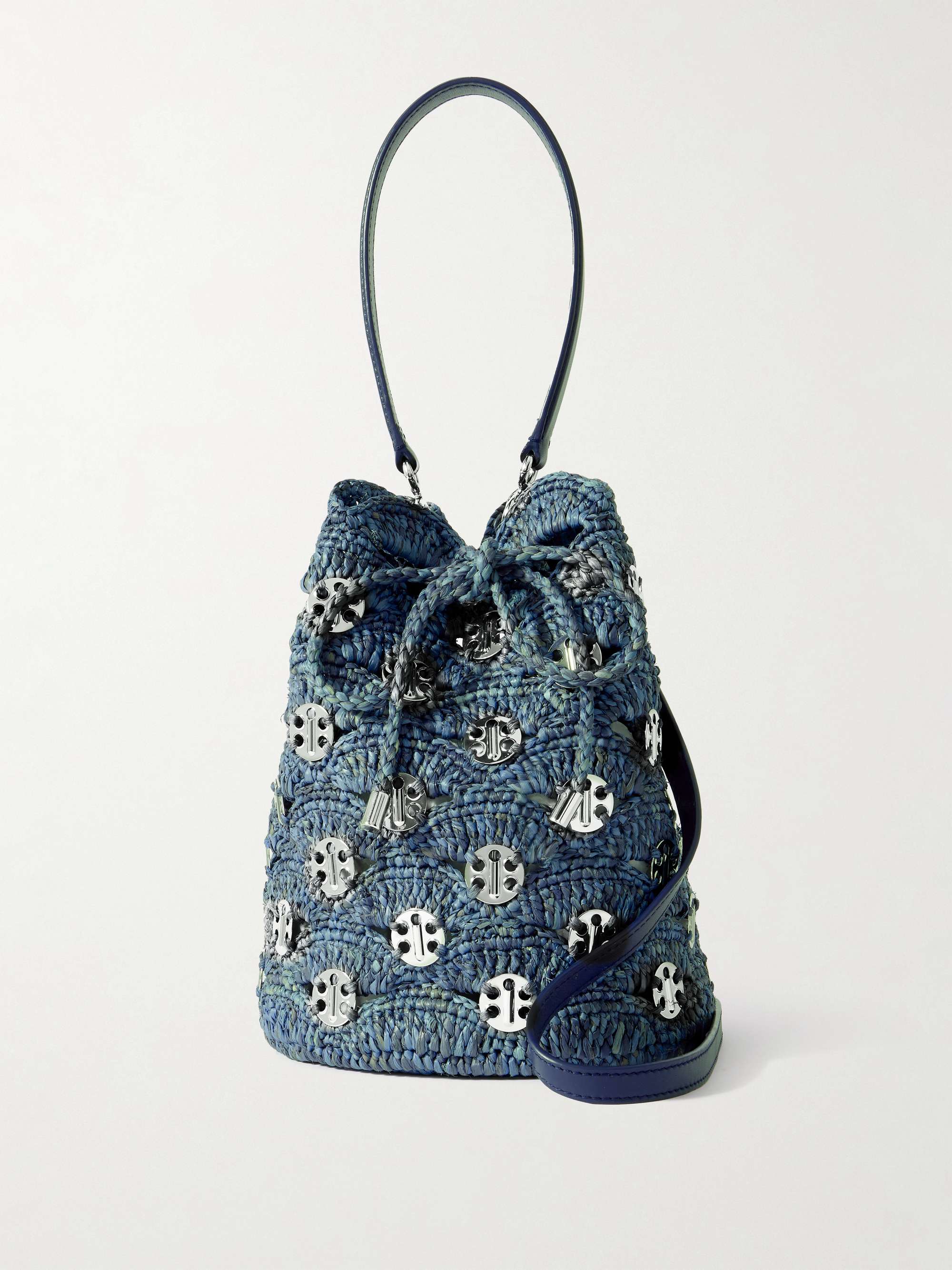 Chainmail-Embellished Raffia Bucket Bag