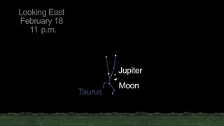 This NASA graphic depicts the location of the planet Jupiter and the moon as they will appear close together in the eastern night sky at 11 p.m. (your local time) on Feb. 18, 2013.