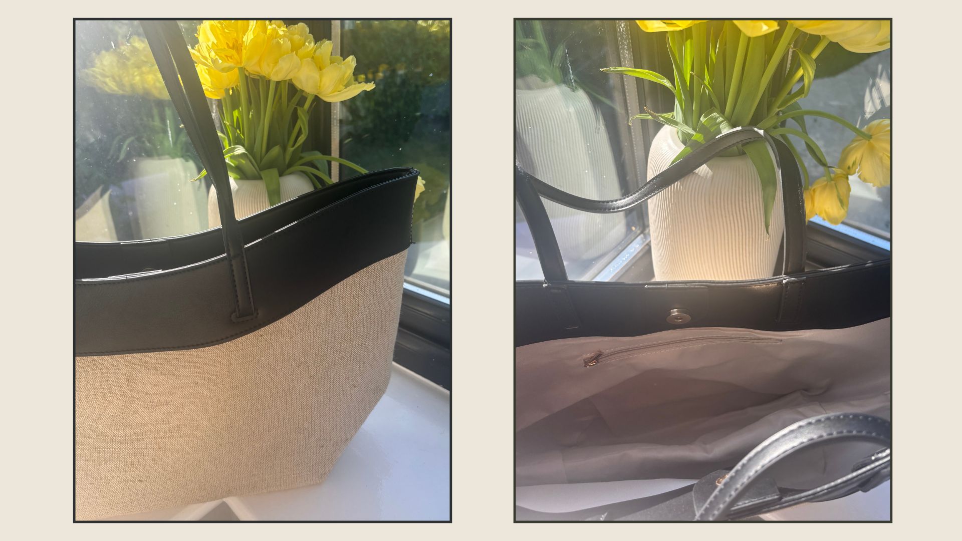 two close-up pics of the tu tote bag