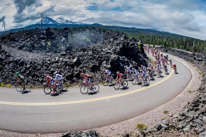 Riders pass through lava fields high up in Oregon.
