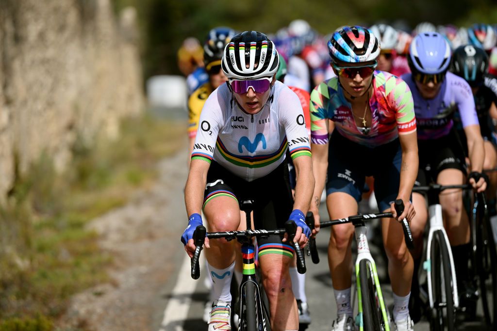 PILAR DE LA HORADADA SPAIN MAY 02 Annemiek Van Vleuten of The Netherlands and Movistar Team competes during the 9th La Vuelta Femenina 2023 Stage 2 a 1058km stage from Orihuela to Pilar de la Horadada UCIWWT on May 02 2023 in Pilar de la Horadada Spain Photo by Dario BelingheriGetty Images