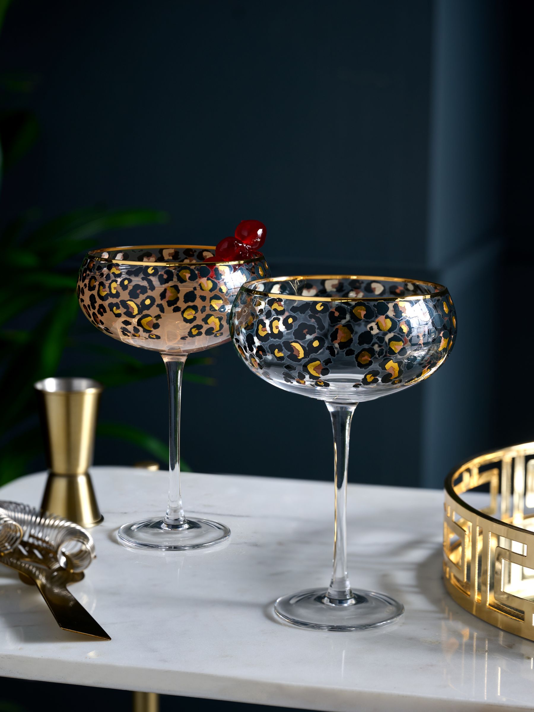 Set of 2 Black Leopard Print Coupe Glasses