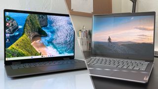 A split image showing the HP Envy x360 2-in-1 on the left and the Lenovo Slim 7i Gen 9 on the right