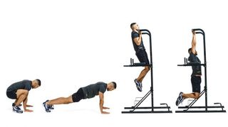 Man demonstrates different positions of the burpee chin-up
