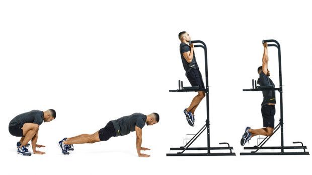 Man demonstrates different positions of the burpee chin-up