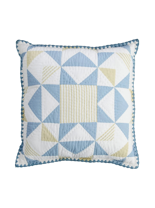 Blue Hand-Quilted Patchwork Cotton Voile Throw Pillow With Embroidered Edge