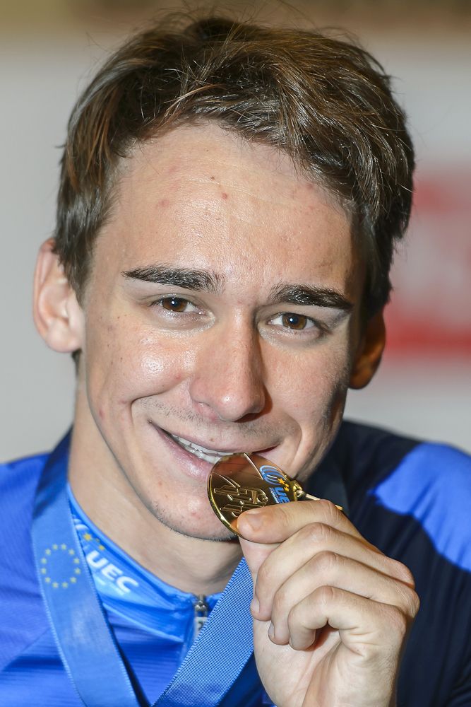 France's Bryan Coquard celebrates with his gold medal during the ceremony of the Men's Elimination Race at the Track Elite European Championships