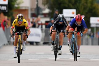 After Marianne Vos (Jumbo-Visma) is disqualified, Audrey Cordon-Ragot (Trek-Segafredo), on right, is deemed the winner of the road race 