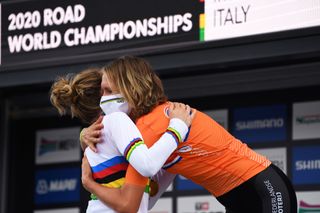 IMOLA ITALY SEPTEMBER 24 Podium Anna Van Der Breggen of The Netherlands World Champion Jersey Ellen Van Dijk of The Netherlands Bronze medal Celebration Mask Covid safety measures during the 93rd UCI Road World Championships 2020 Women Elite Individual Time Trial a 317km stage from Imola to Imola ITT ImolaEr2020 Imola2020 on September 24 2020 in Imola Italy Photo by Tim de WaeleGetty Images