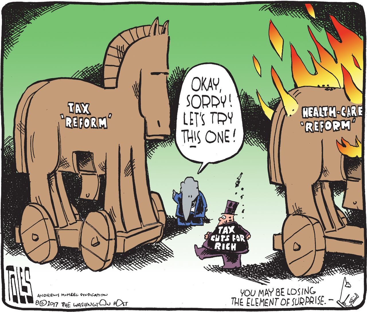 Political cartoon U.S. GOP health care failure tax reform Trojan horse