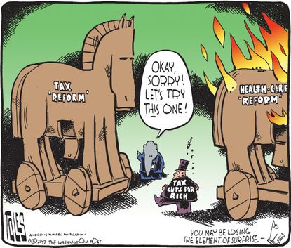 Political cartoon U.S. GOP health care failure tax reform Trojan horse