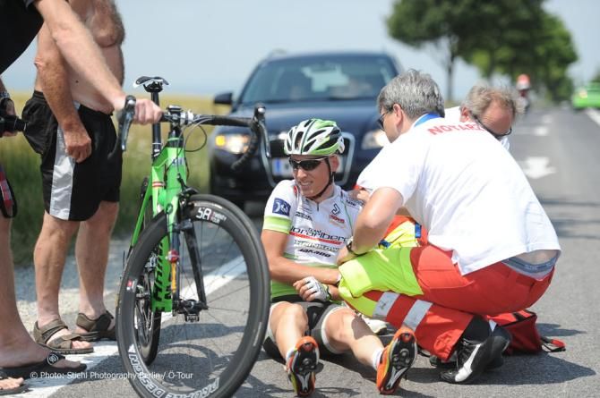 A Voralberg rider crashed, but got back in the race