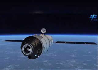 Another artist's illustration of China's 9.4-ton Tiangong-1 space lab in orbit.