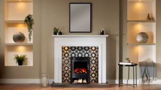 white fireplace with tiled insert
