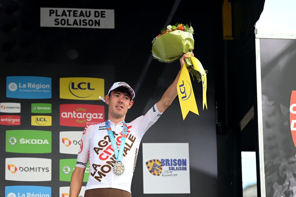 PLATEAU DE SALAISON FRANCE JUNE 12 Ben Alexander Oconnor of Australia and AG2R Citren Team on third place poses on the podium ceremony after the 74th Criterium du Dauphine 2022 Stage 8 a 1388km stage from SaintAlbanLeysse to Plateau de Salaison 1495m WorldTour Dauphin on June 12 2022 in Plateau de Salaison France Photo by Dario BelingheriGetty Images