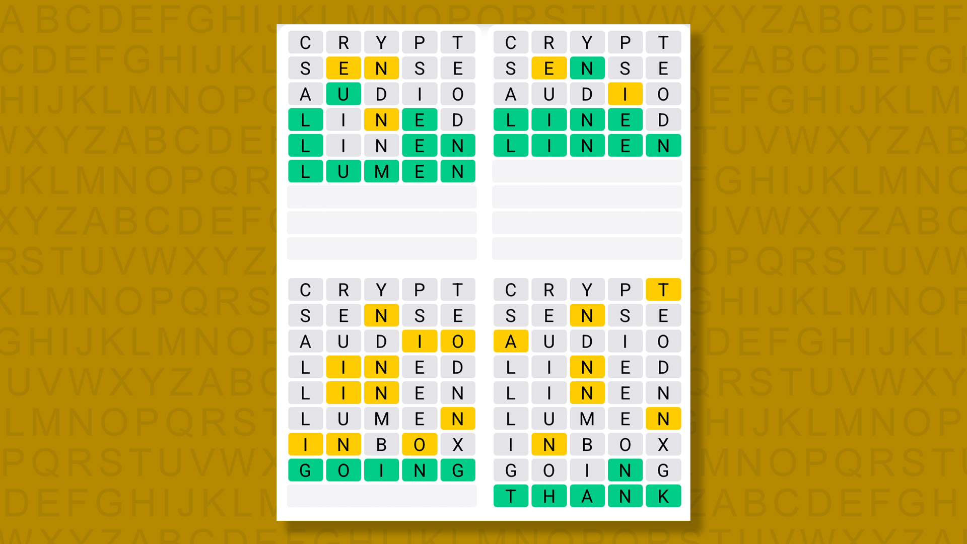 Quordle answers for game 1558 on a yellow background