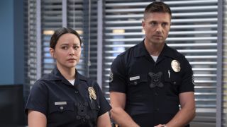 Lucy Chen (Melissa O'Neil) and Tim Bradford (Eric Winter) look unenthused on The Rookie