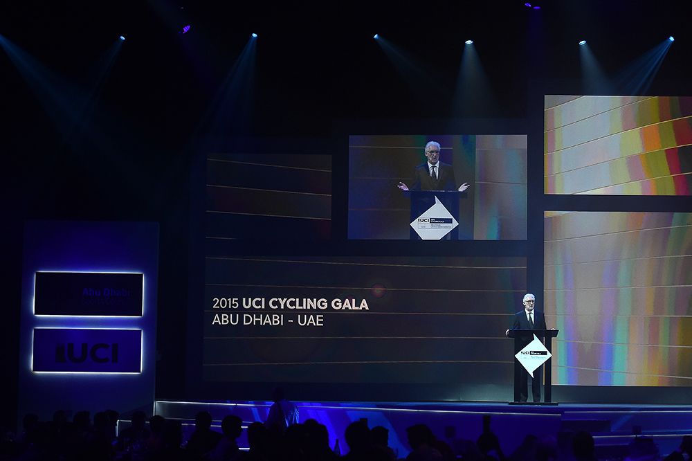UCI President Brian Cookson addresses the crowd at the UCI Cycling Gala.