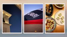 a starry night sky, a Dubai hot air balloon being blown up and a table of sushi in Dubai