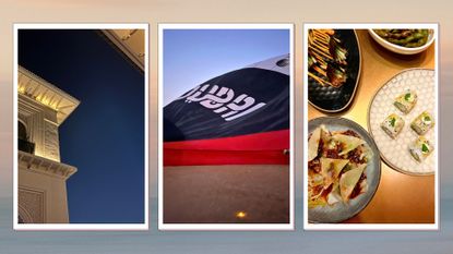 a starry night sky, a Dubai hot air balloon being blown up and a table of sushi in Dubai