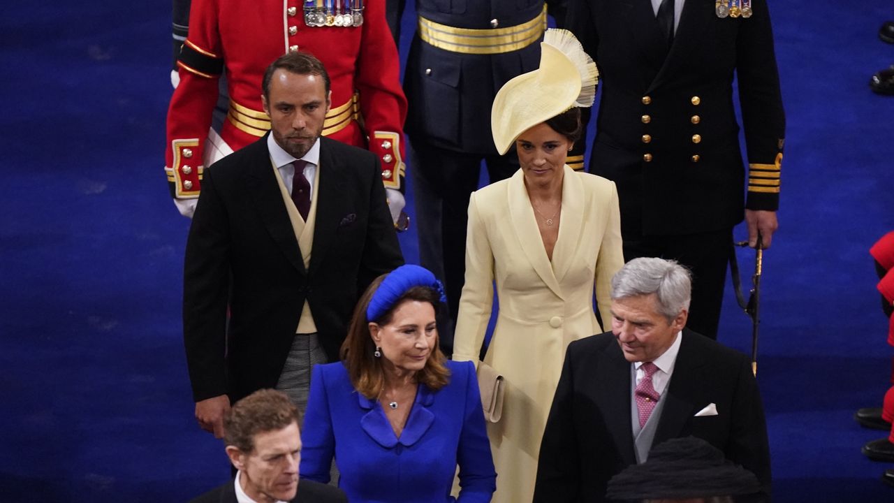 Middleton baby news announced. Seen here are James Middleton and Pippa Matthews with their parents Michael and Carole Middleton arriving for the coronation ceremony 