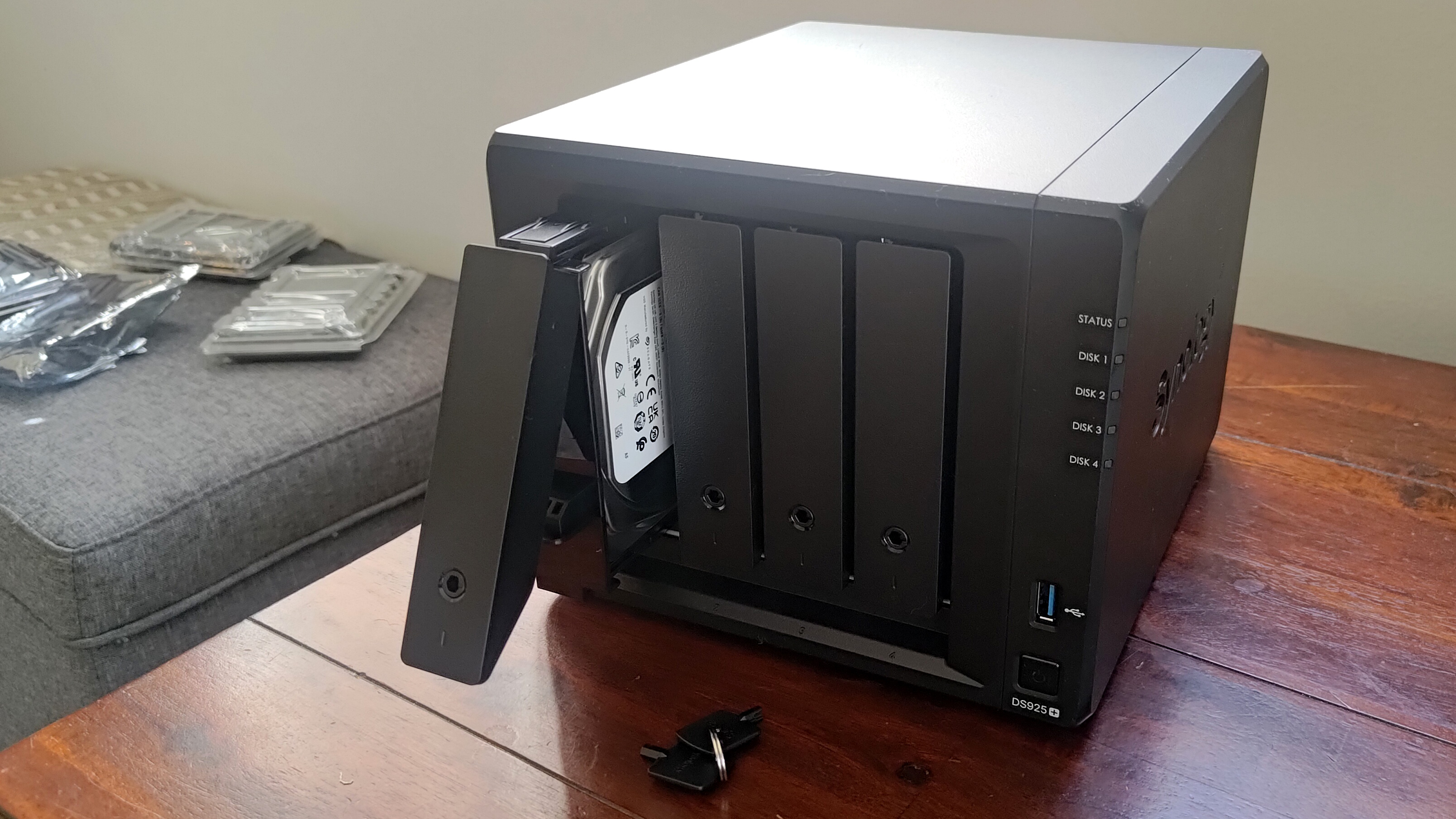Synology DiskStation DS925+ with one drive bay partially open
