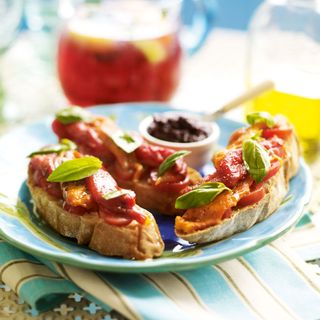 Roasted Pepper and Garlic Bruschetta with Tomatoes