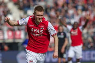 Aron Johannsson celebrates a goal for AZ Alkmaar against FC Utrecht in April 2013.