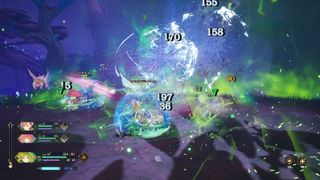 Visions of Mana screenshot showcasing an extremely cluttered UI and damage notifications